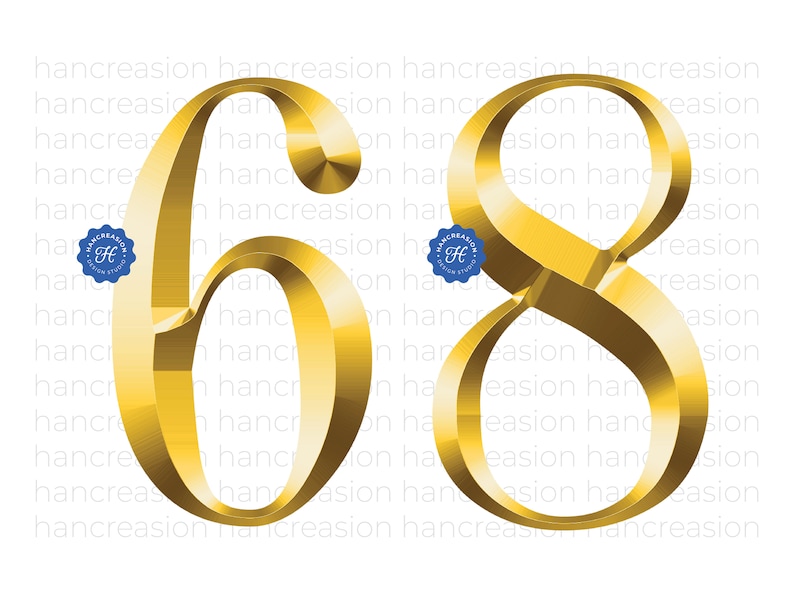May include: Gold-colored numbers 6 and 8 in a stylized font. The numbers are three-dimensional and have a metallic sheen.