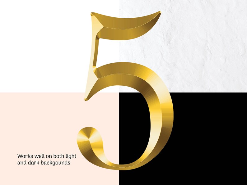 May include: A three-dimensional gold-colored number five, rendered in a stylized font. The number is set against a background of white, beige, and black.