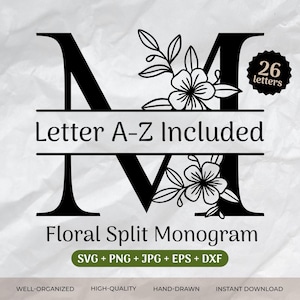 Paquete SVG de monograma dividido, alfabeto floral, apellido, boda floral, fuente de letra floral, archivo de corte inicial (PNG/EPS/DXF)