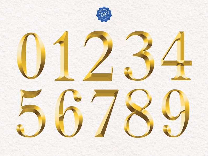 May include: Gold-colored numbers 0 through 9 in a stylized font. The numbers are arranged in two rows, with the first row containing numbers 0 through 4 and the second row containing numbers 5 through 9.