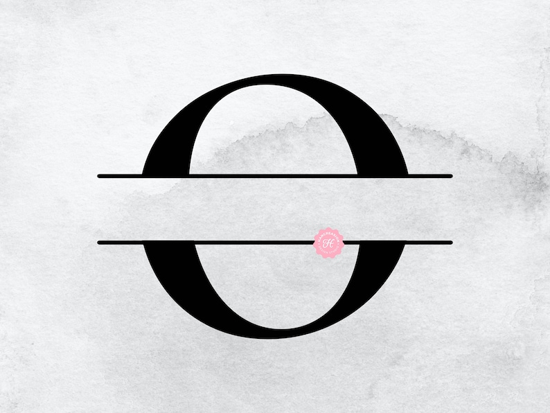 May include: A black split monogram letter O with a horizontal line through the center. The letter is on a white background with a subtle watercolor texture.
