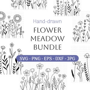 Bloem Weide Svg Bundel, Line Art Bloem Svg, Wilde bloem Svg, Bloemen Svg, Botanische PNG, Groen Clipart, Blad Vector, Cut Files DXF