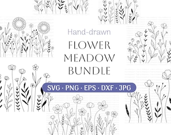 Flower Meadow Svg Bundle, Line Art Flower Svg, Wildflower Svg, Floral Svg, Botanical PNG, Greenery Clipart, Leaf Vector, Cut Files DXF