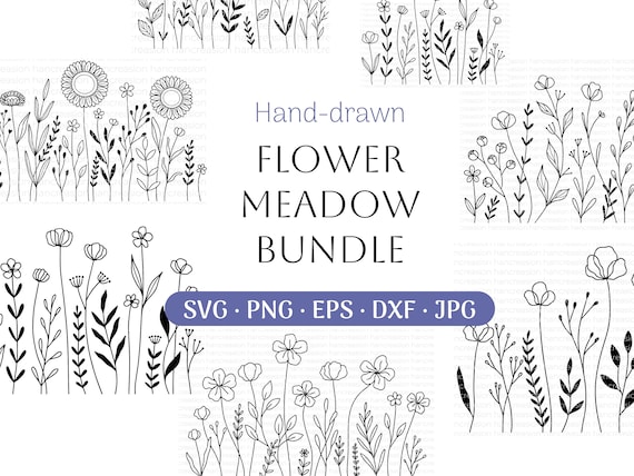 Flower Meadow Svg Bundle, Line Art Flower Svg, Wildflower Svg, Floral Svg, Botanical PNG, Greenery Clipart, Leaf Vector, Cut Files DXF