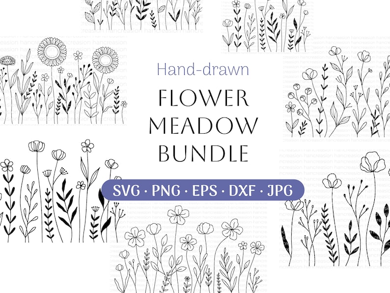 May include: A set of hand-drawn flower meadow illustrations in black and white. The illustrations include various flowers, leaves, and stems. The text "Hand-drawn Flower Meadow Bundle" is displayed in the center of the image. The text "SVG - PNG - EPS - DXF - JPG" is displayed below the title.