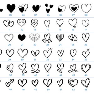 May include: A set of 54 black and white heart illustrations. The hearts are drawn in various styles, including simple, ornate, and whimsical.