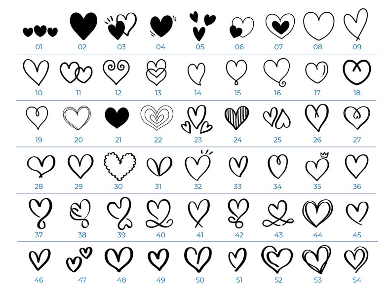 May include: A set of 54 black and white heart illustrations. The hearts are drawn in various styles, including simple, ornate, and whimsical.