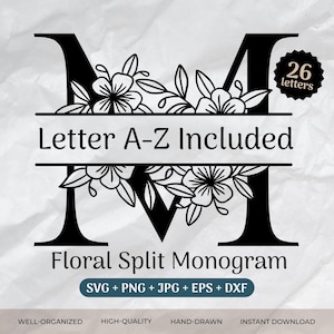 Paquete SVG de monograma dividido, alfabeto floral, apellido, boda floral, fuente de letra floral, archivo de corte inicial (PNG/EPS/DXF)