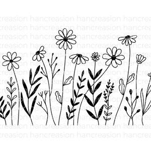 May include: Black and white line art illustration of a field of wildflowers. The illustration features various types of flowers and foliage, including daisies, leaves, and stems.