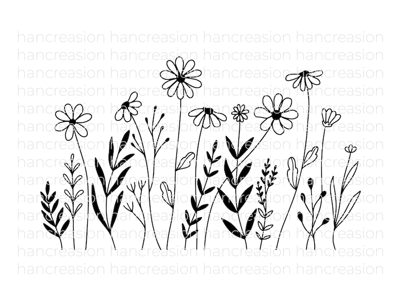 May include: Black and white line art illustration of a field of wildflowers. The illustration features various types of flowers and foliage, including daisies, leaves, and stems.