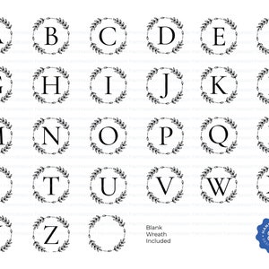 May include: A set of 26 black and white alphabet letter wreaths with a blank wreath included. Each letter is centered in a wreath of leaves.