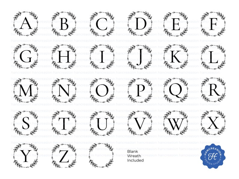May include: A set of 26 black and white alphabet letter wreaths with a blank wreath included. Each letter is centered in a wreath of leaves.