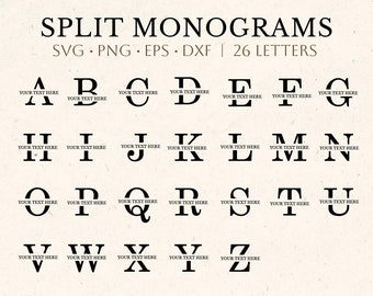 Paquete SVG de monograma dividido, letra derramada svg, imágenes prediseñadas del alfabeto, apellido svg, marco de nombre de familia, archivos de corte de uso comercial svg/png/eps/dxf
