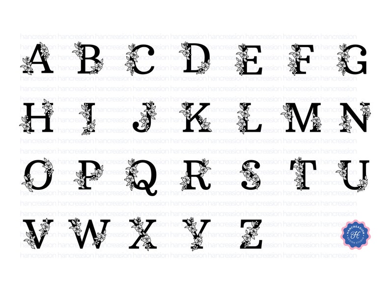K&ouml;nnte beinhalten: Schwarz-wei&szlig;e Buchstaben des Alphabets mit floralen Verzierungen. Jeder Buchstabe ist mit einem Kranz aus Blumen und Bl&auml;ttern verziert.