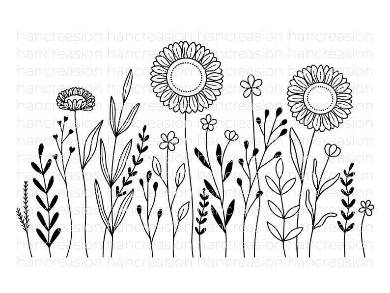 Flower Meadow Svg Bundle, Line Art Flower Svg, Wildflower Svg, Floral Svg, Botanical PNG, Greenery Clipart, Leaf Vector, Cut Files DXF image 2