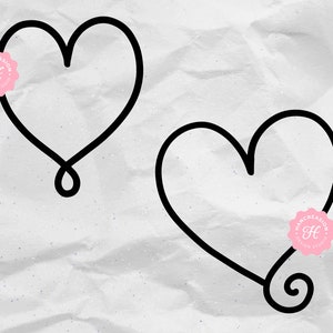 May include: Two black outlined hearts with a swirl at the bottom of each heart.