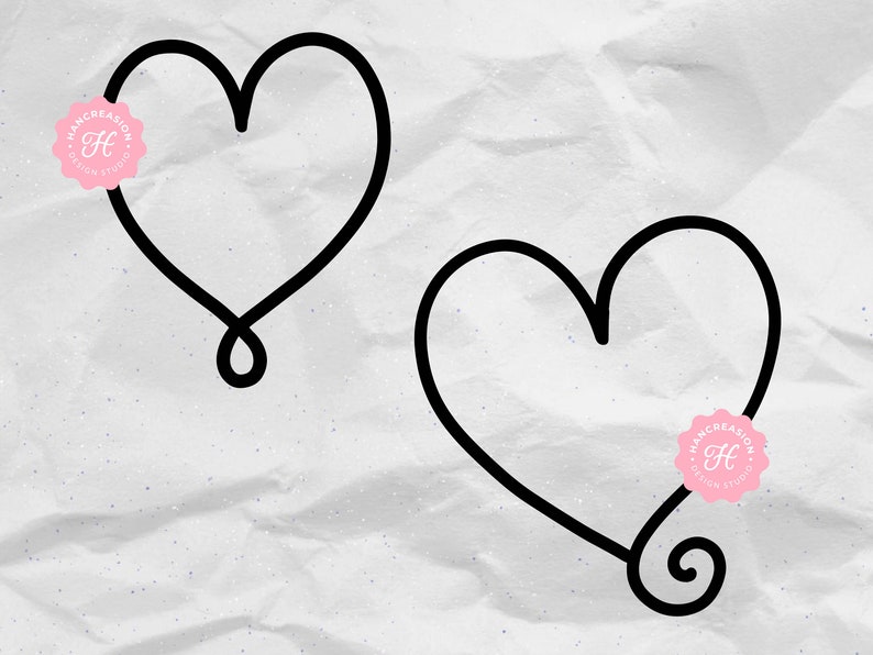 May include: Two black outlined hearts with a swirl at the bottom of each heart.