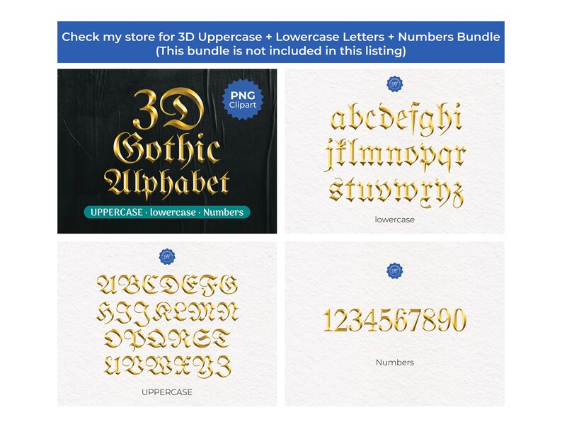 May include: A set of 3D gold gothic alphabet letters and numbers. The letters are uppercase and lowercase. The numbers are 1 through 9 and 0. The letters and numbers are on a white background.
