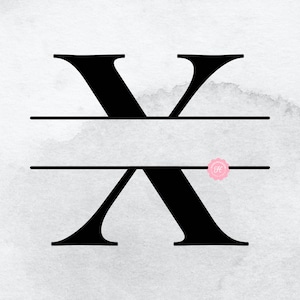 May include: Black and white split monogram initial "X" with a horizontal line above and below the letter. The letter is on a white background with a subtle watercolor texture.