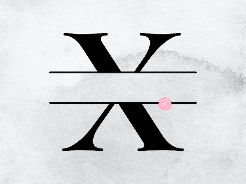 May include: Black and white split monogram initial "X" with a horizontal line above and below the letter. The letter is on a white background with a subtle watercolor texture.