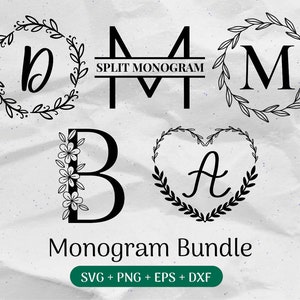 Monogram SVG-bundel, achternaam Svg, eerste monogram, bloei alfabet Clipart, familie snijplank laurierbrief gesneden bestanden png/eps/dxf