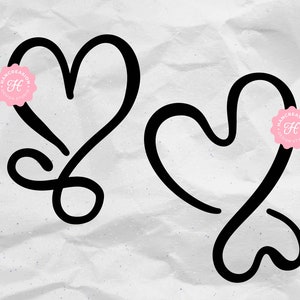 May include: Two black outlined hearts with a swirl design. The hearts are drawn in a simple, elegant style.