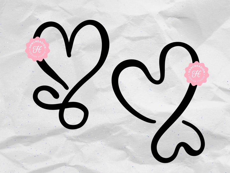 May include: Two black outlined hearts with a swirl design. The hearts are drawn in a simple, elegant style.