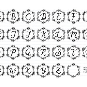 May include: A set of 26 alphabet letters in a black and white wreath design. Each letter is in a cursive font and is surrounded by a wreath of leaves. A blank wreath is also included.