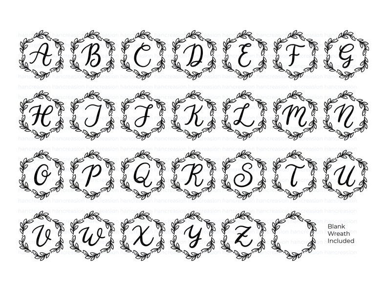 May include: A set of 26 alphabet letters in a black and white wreath design. Each letter is in a cursive font and is surrounded by a wreath of leaves. A blank wreath is also included.