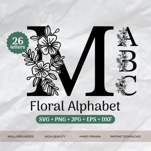 Bloemen alfabet SVG, achternaam Svg, eerste monogram Svg, bloei Svg, bruiloft Svg, bloem letter lettertype, gesneden bestand Clipart Png/Eps/Dxf