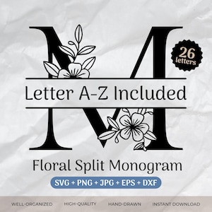 Blumenmonogramm SVG-Bundle, Split-Monogramm, Nachname-Svg, Anfangsmonogramm, Flourish-Alphabet-Cliparts, Split-Buchstabenschnittdateien Png/Eps/Dxf
