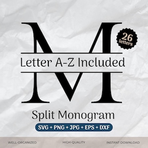 Paquete SVG de monograma dividido, letra dividida SVG, clipart del alfabeto, apellido SVG, marco de apellido, archivos de corte para uso comercial SVG/PNG/Eps/DXF