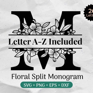 Paquete SVG de monograma dividido, alfabeto floral SVG, apellido SVG, boda floral SVG, fuente de letra de flores, archivo de corte inicial Clipart Png/Eps/Dxf
