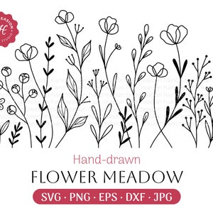 Łąka Kwiatowa Svg, Linia Sztuki Kwiatowej Svg, Dzikie Kwiaty Svg, Łąka Svg, Kwiatowy Svg, Botaniczny PNG, Klipart Zieleni, Wektor Liścia, Pliki Cięcia Dxf
