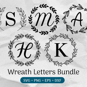Monogramm SVG-Bundle, Nachname svg, Anfangsmonogramm svg, Flourish Alphabet Clipart, Laurel Letter Font Kommerzielle Nutzung Schnittdateien Png/Eps/Dxf