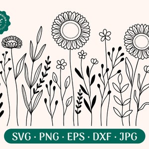 Sunflower Svg, Hand Drawn Flower SVG, Wildflower Svg, Meadow Svg, Floral Svg, Botanical PNG, Greenery Clipart Commercial Use Cut Files