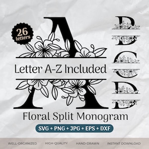 Paquete SVG de monograma dividido, alfabeto floral, apellido, boda floral, fuente de letra floral, archivo de corte inicial (PNG/EPS/DXF)