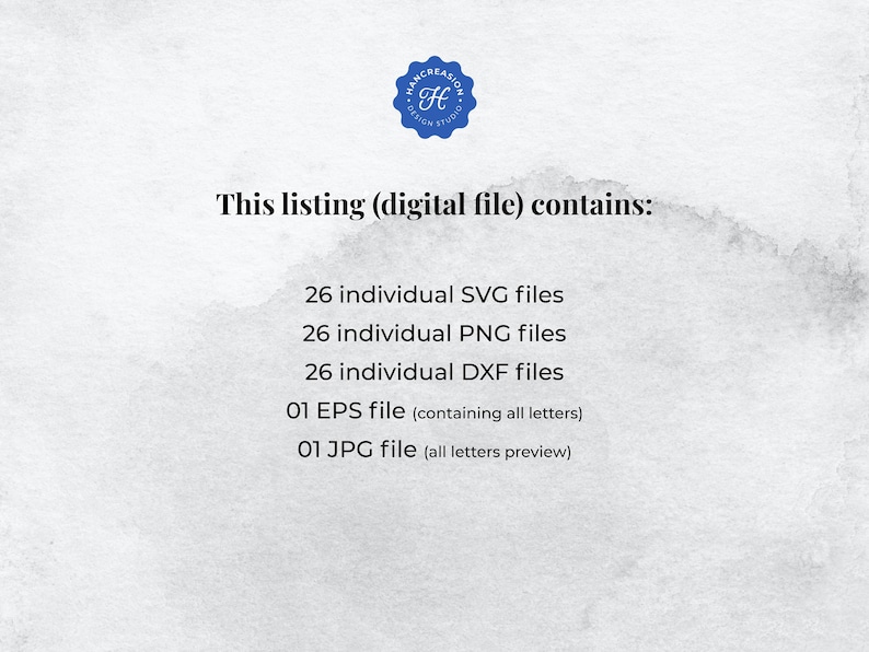 May include: Text on a white background that reads: "This listing (digital file) contains: 26 individual SVG files, 26 individual PNG files, 26 individual DXF files, 01 EPS file (containing all letters), 01 JPG file (all letters preview)"