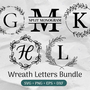 Paquete SVG de monogramas, Apellido SVG, Monograma inicial, Clipart de alfabeto florido, Tabla de cortar familiar Archivos de corte de letras Laurel Png/Eps/Dxf