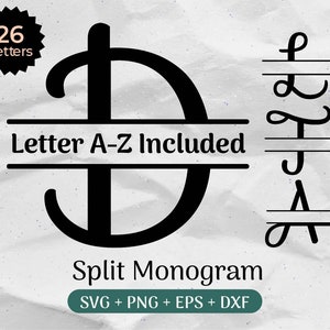 Paquete SVG de monograma dividido, letra derramada svg, imágenes prediseñadas del alfabeto, apellido svg, marco de nombre de familia, archivos de corte de uso comercial svg/png/eps/dxf