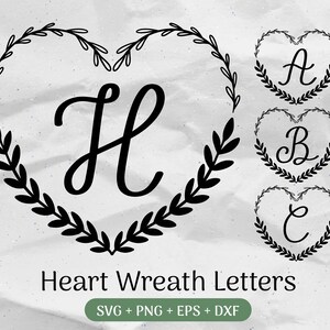 Pacchetto SVG monogramma, cognome SVG, monogramma iniziale SVG, clipart alfabeto Flourish, lettera ghirlanda di cuori per uso commerciale file di taglio Png/Eps/Dxf
