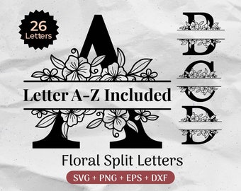 Split Monogram SVG Bundle, Floral Alphabet Svg, Last Name Svg, Florish Wedding Svg, Flower Letter Font, Initial Cut File Clipart Png/Eps/Dxf