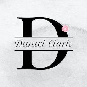 May include: Black and white split monogram with the letter "D" and the name "Daniel Clark" in a script font.