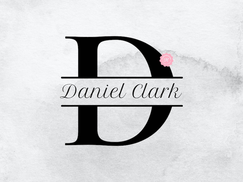 May include: Black and white split monogram with the letter "D" and the name "Daniel Clark" in a script font.