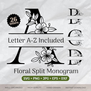 Paquete SVG de monograma dividido, alfabeto floral, apellido, boda floral, fuente de letra floral, archivo de corte inicial (PNG/EPS/DXF)