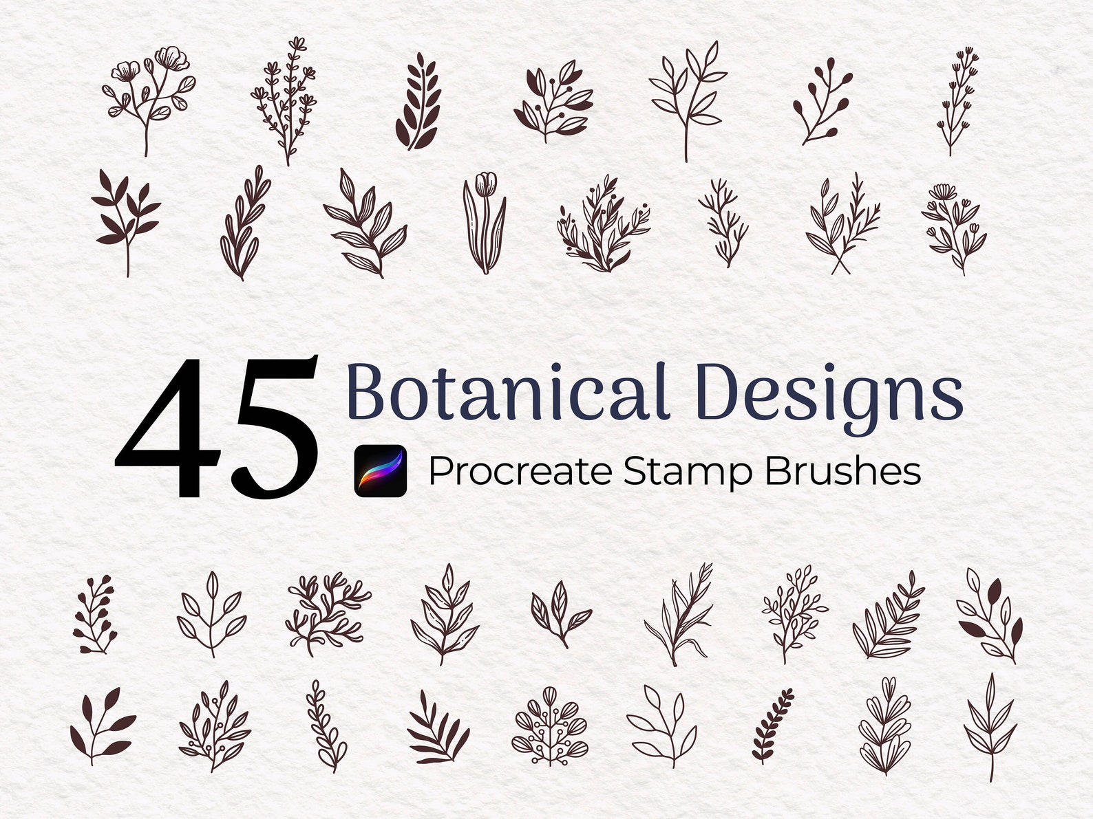 45 Botanical Procreate Stamps, Floral Procreate Brush Set, Flower ...