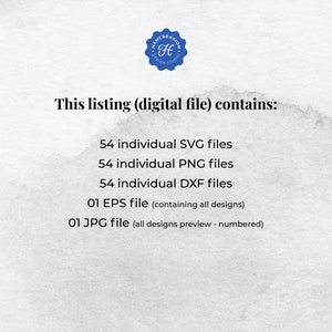 May include: Text listing the digital files included in this download: 54 individual SVG files, 54 individual PNG files, 54 individual DXF files, 1 EPS file (containing all designs), and 1 JPG file (all designs preview - numbered).