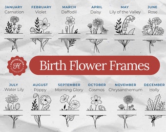 Birth Month Flower Frame SVG Bundle, Bouquet Clipart, Floral Svg, Botanical Svg, Flower Tattoo, Monogram Border, Wildflower, Birthday Doodle