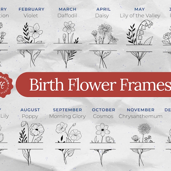 Birth Month Flower Frame SVG Bundle, Bouquet Clipart, Floral Svg, Botanical Svg, Flower Tattoo, Monogram Border, Wildflower, Birthday Doodle