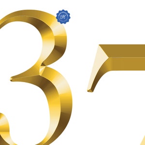 May include: A 3D gold-colored number 37. The number 3 is stylized with a curved design. The number 7 is a more traditional font.